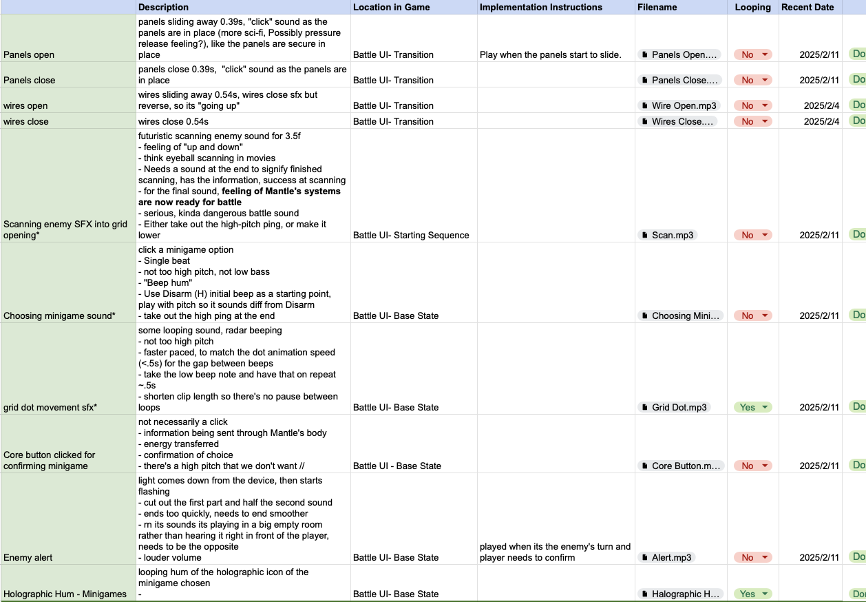 Spreadsheet showing organized audio asset list with sound descriptions and implementation notes